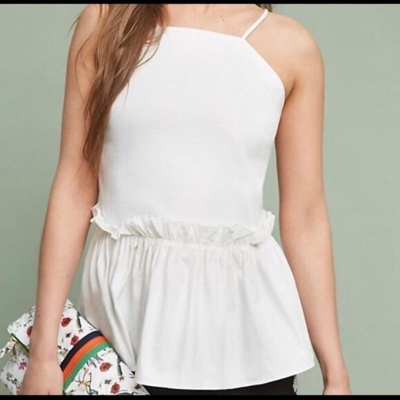 NWT ANTHROPOLOGIE MAEVE WHITE RUCHED PEPLUM BLOUSE SIZE SMALL - Picture 1 of 6